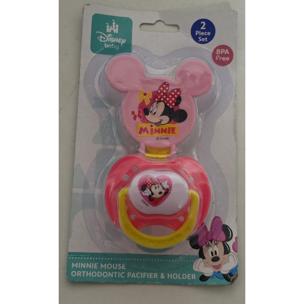 Disney Baby Minnie Mouse Pacifier & Clip Holder Pink Hearts BPA Free 0-6M